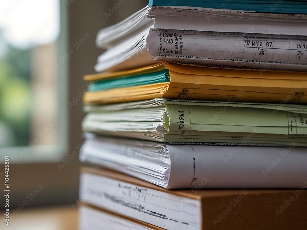 Poster close-up of documents stacked on an office desk with a blurred background.