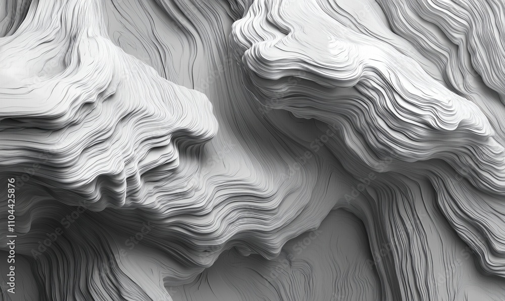 Poster abstract gray textured waves, intricate layered patterns, smooth curves, monochrome design, artistic
