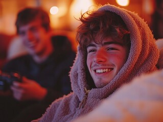 Two friends share smiles while gaming in a cozy, warmly lit room during a relaxed indoor evening