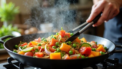 Chef cooks colorful plant based meal in pan. Healthy food preparation. Fresh ingredients. Steam rises from hot pan. Eco friendly cooking. Modern kitchen. Sustainable cuisine.