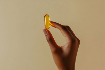 Close-up hand holding yellow capsule against beige background copy space, representing healthcare, medication, and wellness. Modern pharmaceutical solutions and personal care