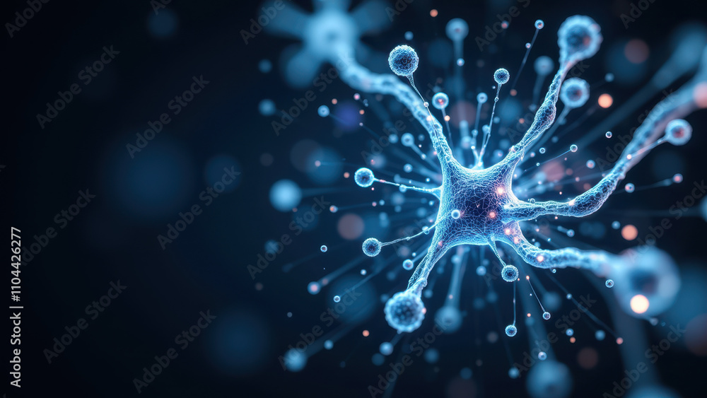 Poster computer-generated illustration showing a network of neurons with glowing synapses, focused on semag