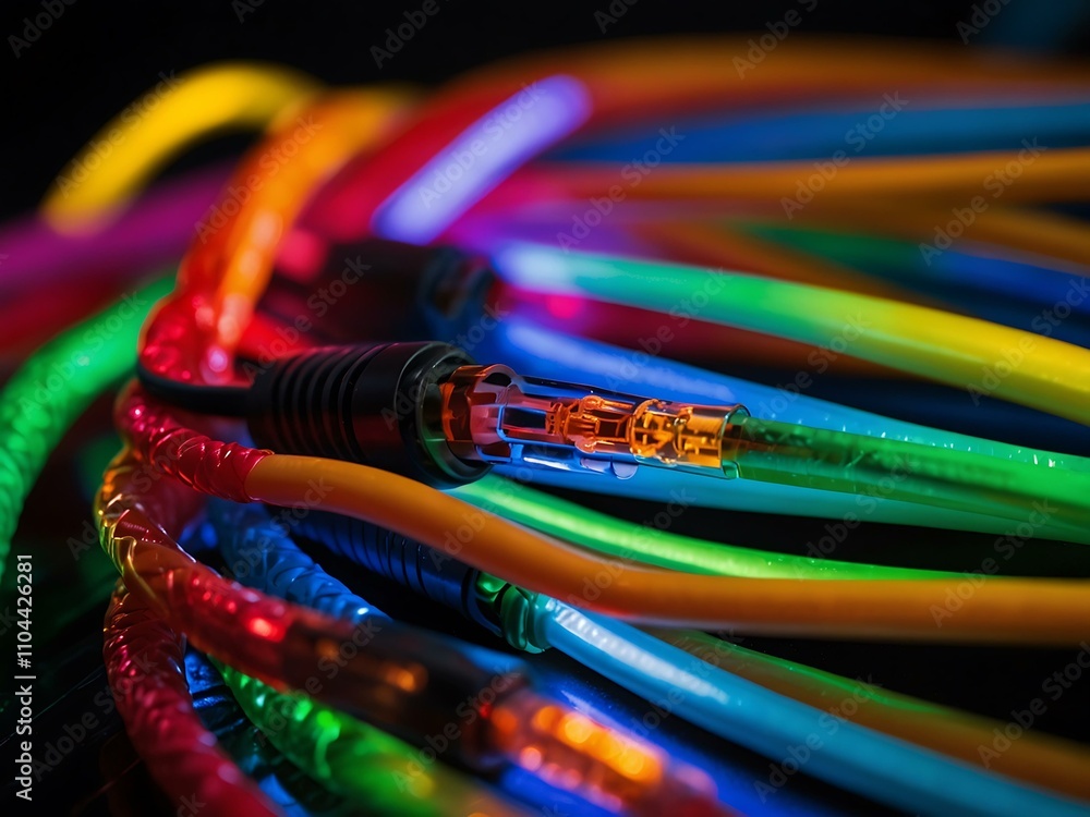 Poster close-up of ethernet cables with colorful led lights.