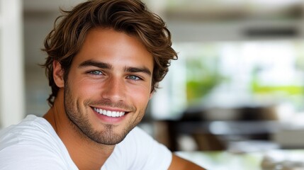 Obraz premium A man with curly hair and bright blue eyes smiles confidently while seated at a stylish location