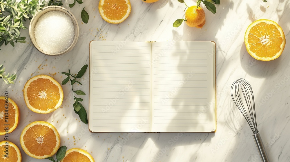 Poster an open notebook sits atop a table, surrounded by oranges and a whisk