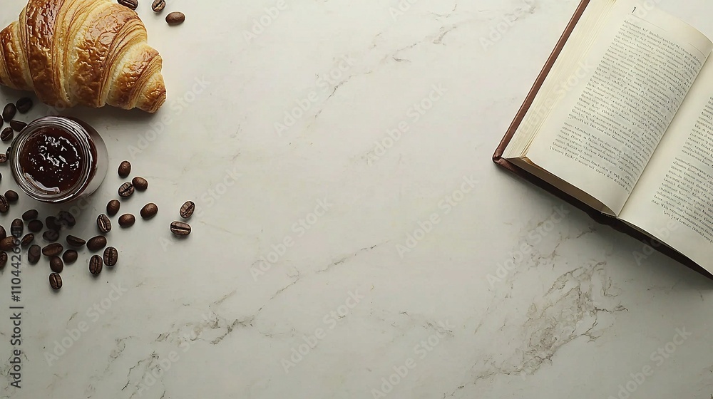 Poster an open book resting atop a table alongside a steaming cup of coffee and an unopened croissant