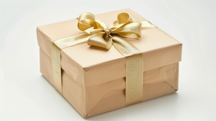photograph of Elegantly wrapped gift box ,presented against a clean white background,Beige gift box with gold ribbon on white background,Gift box with wrap,Gift box on a white background