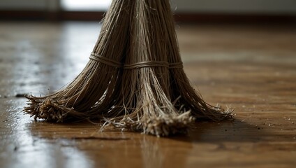 Close-up of fallen hair on the floor with broom.