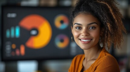 A young woman exudes confidence while sitting in an office filled with data visualizations