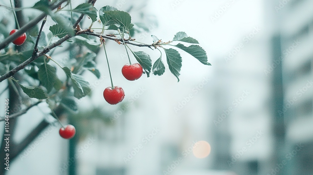 Poster   A group of cherries dangling from a tree in front of an edifice, with a hazy sky as the backdrop