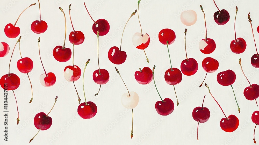 Poster a cluster of cherries against white backdrop with a few cherries dangling from above them