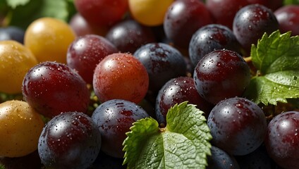Close-up of fresh grapes with leaves for food design.