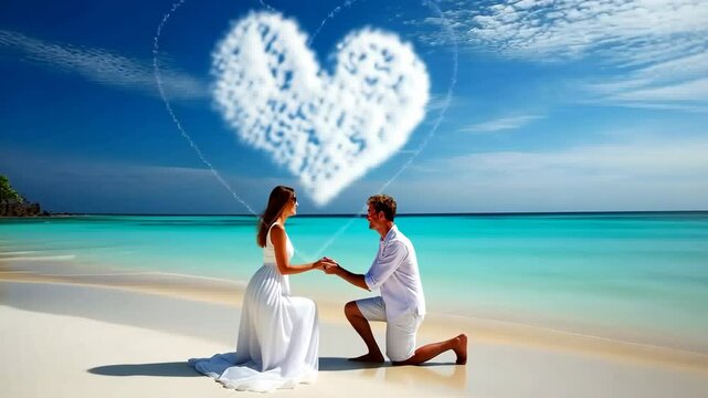 On Valentine's Day, a couple shares a romantic moment on a pristine sandy Maldivian beach, as the man proposes under a heart-shaped cloud. Panorama with copy space.