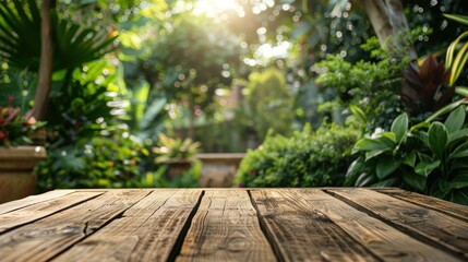 photograph of Empty wooden tabletop set in a lush home backyard garden, 