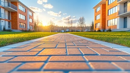 Sunlight shines down on a pathway, surrounded by contemporary apartments and lush green lawns