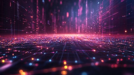 Obraz premium Vibrant particles and streams of data create a stunning digital atmosphere at dusk