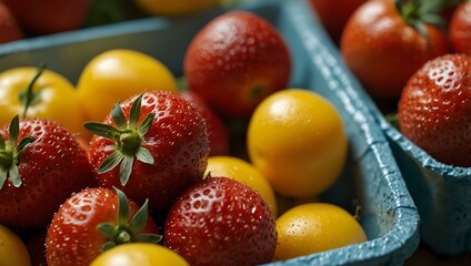 Close-up of fresh strawberries and yellow tomatoes in a container.