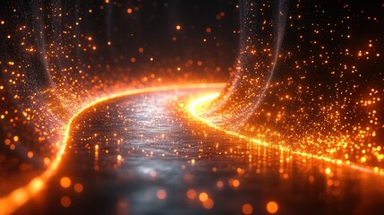 Orange lights create a swirling path amid vibrant particles, evoking a surreal night vibe