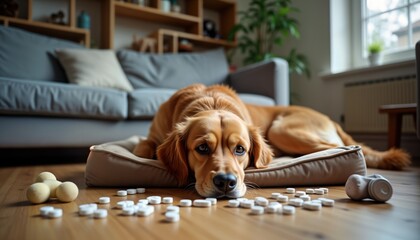 Tired dog lies on bed surrounded by scattered pills. Sad expression. Health problem medication concept. Indoor setting. Home scene. Pet health issue. Veterinary care. Medication for animals. Possible