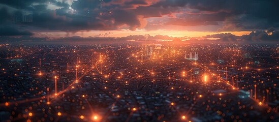 Breathtaking panoramic view of a bustling modern metropolis at dramatic sunset  The city skyline is illuminated with glowing skyscrapers office buildings and residential towers against a moody