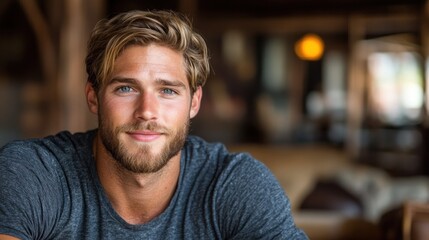 Obraz premium Young man with blue eyes and blond hair smiles warmly in a relaxed, inviting environment