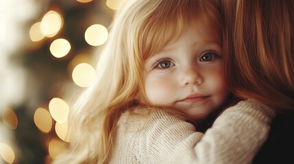 A child hugs a parent closely, enjoying a warm and loving moment during the festive season
