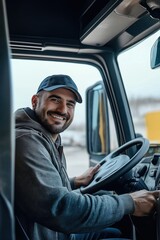 Happy truck driver entering truck cabin. Man smiling at camera. Pro driver ready for work outdoors. Transport worker in vehicle. Job satisfaction concept. Modern lifestyle, industry. Truck industry,