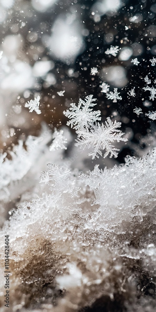 Poster a snowflake cluster resting atop an accumulation of snow upon the snow-draped terrain