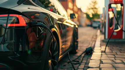 photograph of EV car with Electric charging station charger background. Technology and transportation concept. telephoto lens