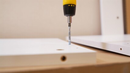Electric screwdriver demonstrating precision in woodworking and construction by driving a screw...