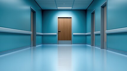 Hospital room door in a dimly lit corridor at night creates an eerie atmosphere and sense of mystery in the medical facility
