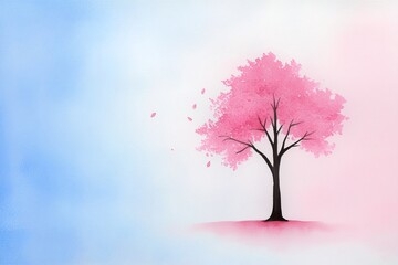 Obraz premium Pink tree illustration, minimalistic landscape, vibrant cherry blossom tree, soft gradient background, falling petals, artistic nature design, copy space for text, serene spring theme