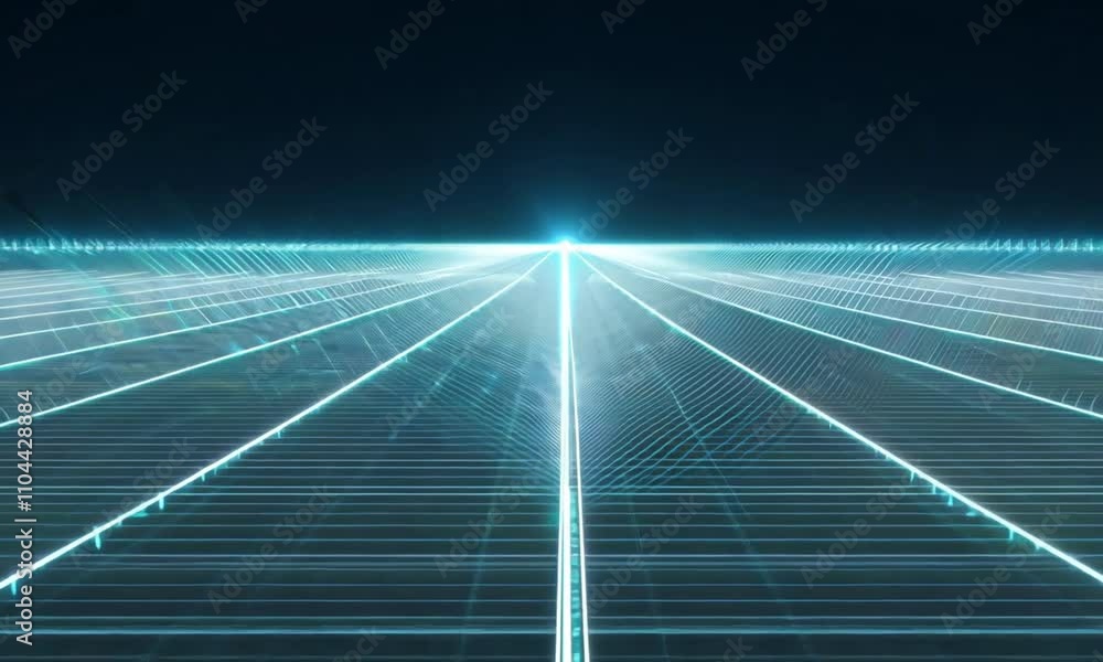 Poster animate a pulsating grid network of light beams, where each pulse travels across the lines to connec