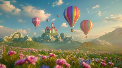 Naklejka premium photograph of Fantasy landscape with fairy tale castle, balloons and flowers ,3D rendering,Hot air balloon flying over beautiful landscape, 3d render illustration,Hot air balloons flying in sky