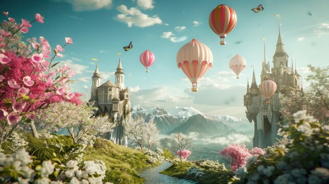 photograph of Fantasy landscape with fairy tale castle, balloons and flowers ,3D rendering,Hot air balloon flying over beautiful landscape, 3d render illustration,Hot air balloons flying in sky