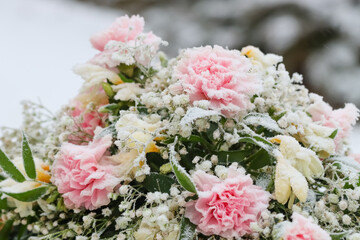 Frozen memorial flowers on the grave on a frosty day in January. The funeral flowers have frost. Frozen pink carnations on the grave.