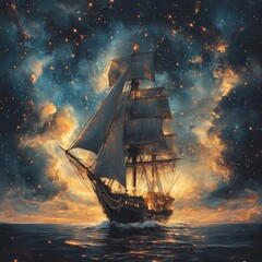 Obraz premium Majestic Ship Sails Through a Starry Night Sky