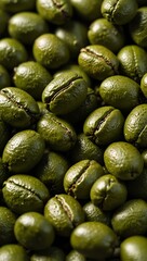 Close-up of green coffee beans on white.