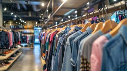 photograph of Fashion stores are holding promotions Flash sale discount. Clothing shop with Flash Sale written on the clothes hanger on the shop shelf. wide angle lens