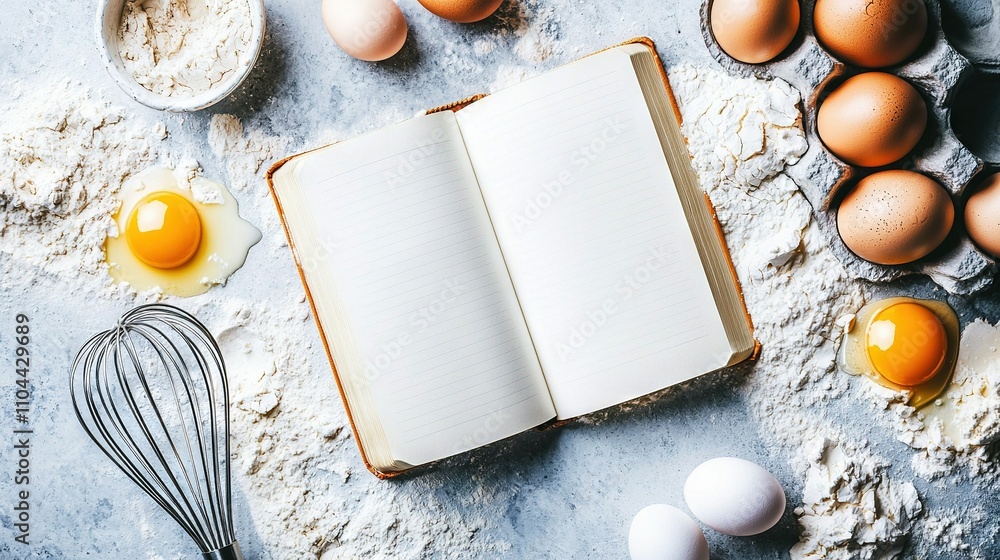Poster an open book resting atop a table near eggs and an egg whipped in a whisk
