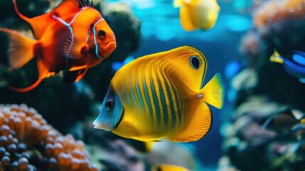 photograph of fishes close-up in tropical sea underwater multicolored on coral reef, aquarium oceanarium, wildlife, marine snorkel diving wide angle lens