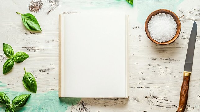   A book, knife, bowl of sea salt, and green leafy plant on a table