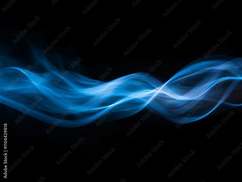 Poster Vivid blue light rays travel rapidly over a black background, creating a sense of movement and energy with ample space for text or graphics on the left side