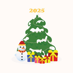 Christmas tree card with gift box and snowman on background.vector illustration.