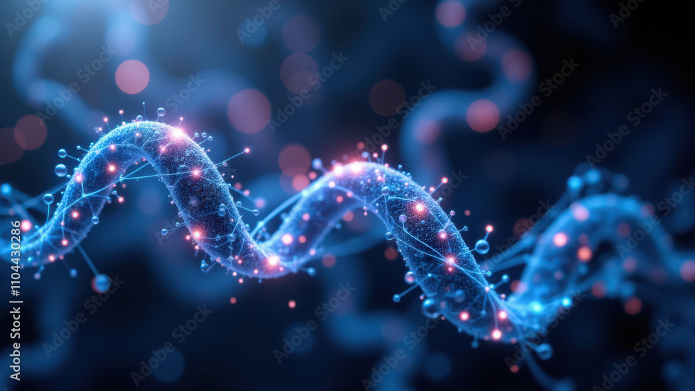 Poster an artistic representation of a dna double helix with a glowing blue molecular structure surrounding