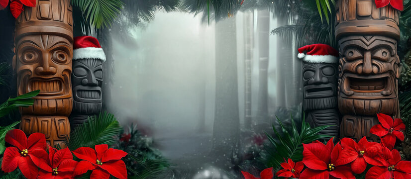 Christmas tropical tiki background, custom message element - rustic wood surface that allows for custom type and graphics - tropical jungle, flowers and wood masks, sign - Hawaiian holiday theme