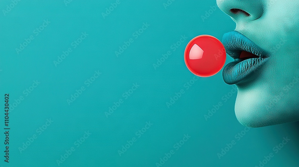 Poster a close-up of a person's mouth with two red objects in the center
