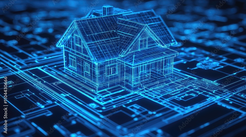 Poster 3d blueprint plan of smart home with icons iot devices. smart home conceptual banner. building house