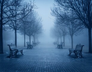 A solitary park with leafless trees and empty benches, wrapped in thick fog. The landscape is tinted with blue and gray tones, with a feeling of desolation and stillness, reflecting the sadness of Blu