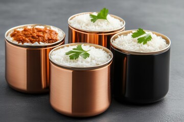 indian kitchen decor, modern kitchen with copper buttons and tiffin boxes filled with indian food, styled with cultural decor, ideal for adding text